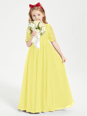 Long Junior Bridesmaid Gown Lace Top Half Sleeves Lemon