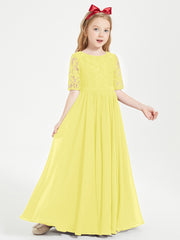 Long Junior Bridesmaid Gown Lace Top Half Sleeves Lemon