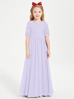 Long Junior Bridesmaid Gown Lace Top Half Sleeves Lilac