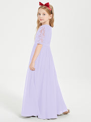 Long Junior Bridesmaid Gown Lace Top Half Sleeves Lilac