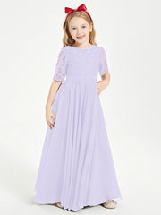 Long Junior Bridesmaid Gown Lace Top Half Sleeves Lilac
