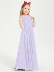 Long Junior Bridesmaid Gown Lace Top Half Sleeves Lilac