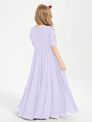 Long Junior Bridesmaid Gown Lace Top Half Sleeves Lilac