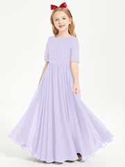Long Junior Bridesmaid Gown Lace Top Half Sleeves Lilac