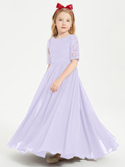 Long Junior Bridesmaid Gown Lace Top Half Sleeves Lilac
