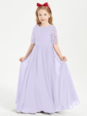Long Junior Bridesmaid Gown Lace Top Half Sleeves Lilac