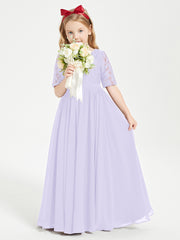 Long Junior Bridesmaid Gown Lace Top Half Sleeves Lilac