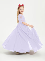 Long Junior Bridesmaid Gown Lace Top Half Sleeves Lilac