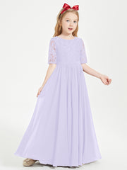 Long Junior Bridesmaid Gown Lace Top Half Sleeves Lilac