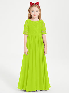 Long Junior Bridesmaid Gown Lace Top Half Sleeves Lime Green