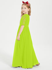 Long Junior Bridesmaid Gown Lace Top Half Sleeves Lime Green