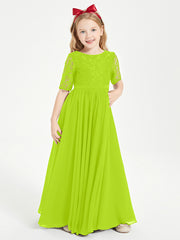 Long Junior Bridesmaid Gown Lace Top Half Sleeves Lime Green