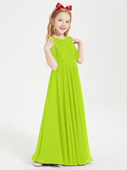 Long Junior Bridesmaid Gown Lace Top Half Sleeves Lime Green