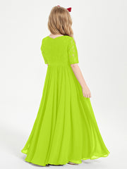 Long Junior Bridesmaid Gown Lace Top Half Sleeves Lime Green