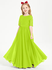 Long Junior Bridesmaid Gown Lace Top Half Sleeves Lime Green