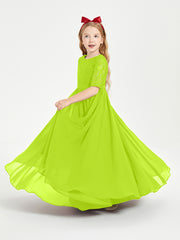 Long Junior Bridesmaid Gown Lace Top Half Sleeves Lime Green