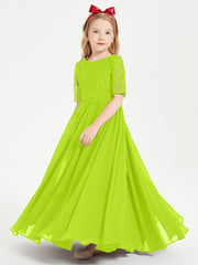 Long Junior Bridesmaid Gown Lace Top Half Sleeves Lime Green