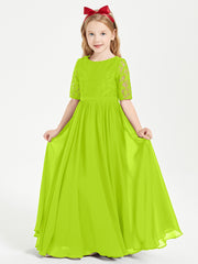 Long Junior Bridesmaid Gown Lace Top Half Sleeves Lime Green