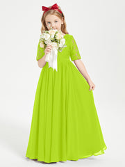 Long Junior Bridesmaid Gown Lace Top Half Sleeves Lime Green