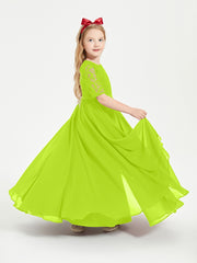 Long Junior Bridesmaid Gown Lace Top Half Sleeves Lime Green