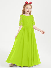 Long Junior Bridesmaid Gown Lace Top Half Sleeves Lime Green