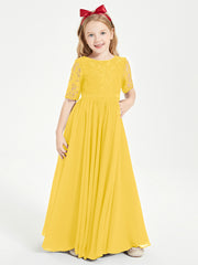 Long Junior Bridesmaid Gown Lace Top Half Sleeves Marigold
