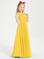 Long Junior Bridesmaid Gown Lace Top Half Sleeves Marigold