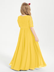 Long Junior Bridesmaid Gown Lace Top Half Sleeves Marigold