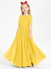 Long Junior Bridesmaid Gown Lace Top Half Sleeves Marigold