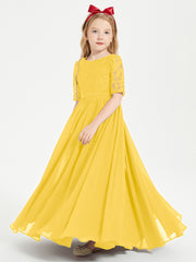 Long Junior Bridesmaid Gown Lace Top Half Sleeves Marigold
