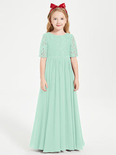 Long Junior Bridesmaid Gown Lace Top Half Sleeves Mint Green