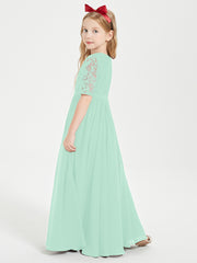 Long Junior Bridesmaid Gown Lace Top Half Sleeves Mint Green