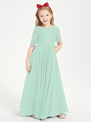 Long Junior Bridesmaid Gown Lace Top Half Sleeves Mint Green