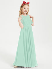 Long Junior Bridesmaid Gown Lace Top Half Sleeves Mint Green