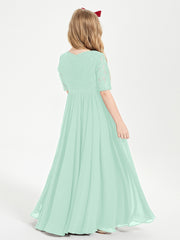 Long Junior Bridesmaid Gown Lace Top Half Sleeves Mint Green