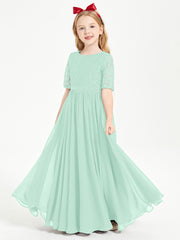 Long Junior Bridesmaid Gown Lace Top Half Sleeves Mint Green