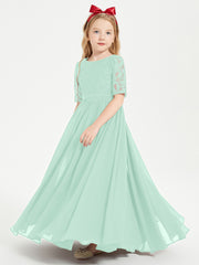 Long Junior Bridesmaid Gown Lace Top Half Sleeves Mint Green