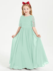 Long Junior Bridesmaid Gown Lace Top Half Sleeves Mint Green