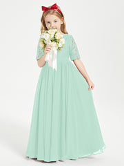 Long Junior Bridesmaid Gown Lace Top Half Sleeves Mint Green