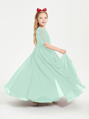 Long Junior Bridesmaid Gown Lace Top Half Sleeves Mint Green