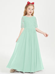 Long Junior Bridesmaid Gown Lace Top Half Sleeves Mint Green