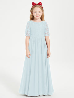 Long Junior Bridesmaid Gown Lace Top Half Sleeves Mist