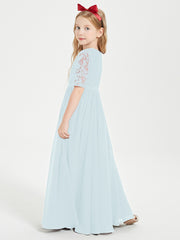 Long Junior Bridesmaid Gown Lace Top Half Sleeves Mist