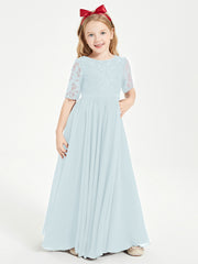 Long Junior Bridesmaid Gown Lace Top Half Sleeves Mist
