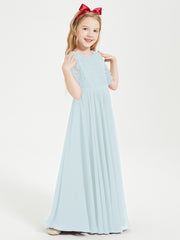 Long Junior Bridesmaid Gown Lace Top Half Sleeves Mist