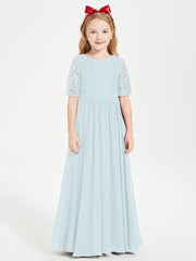 Long Junior Bridesmaid Gown Lace Top Half Sleeves Mist