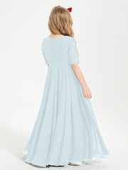 Long Junior Bridesmaid Gown Lace Top Half Sleeves Mist