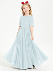 Long Junior Bridesmaid Gown Lace Top Half Sleeves Mist