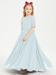 Long Junior Bridesmaid Gown Lace Top Half Sleeves Mist