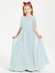 Long Junior Bridesmaid Gown Lace Top Half Sleeves Mist